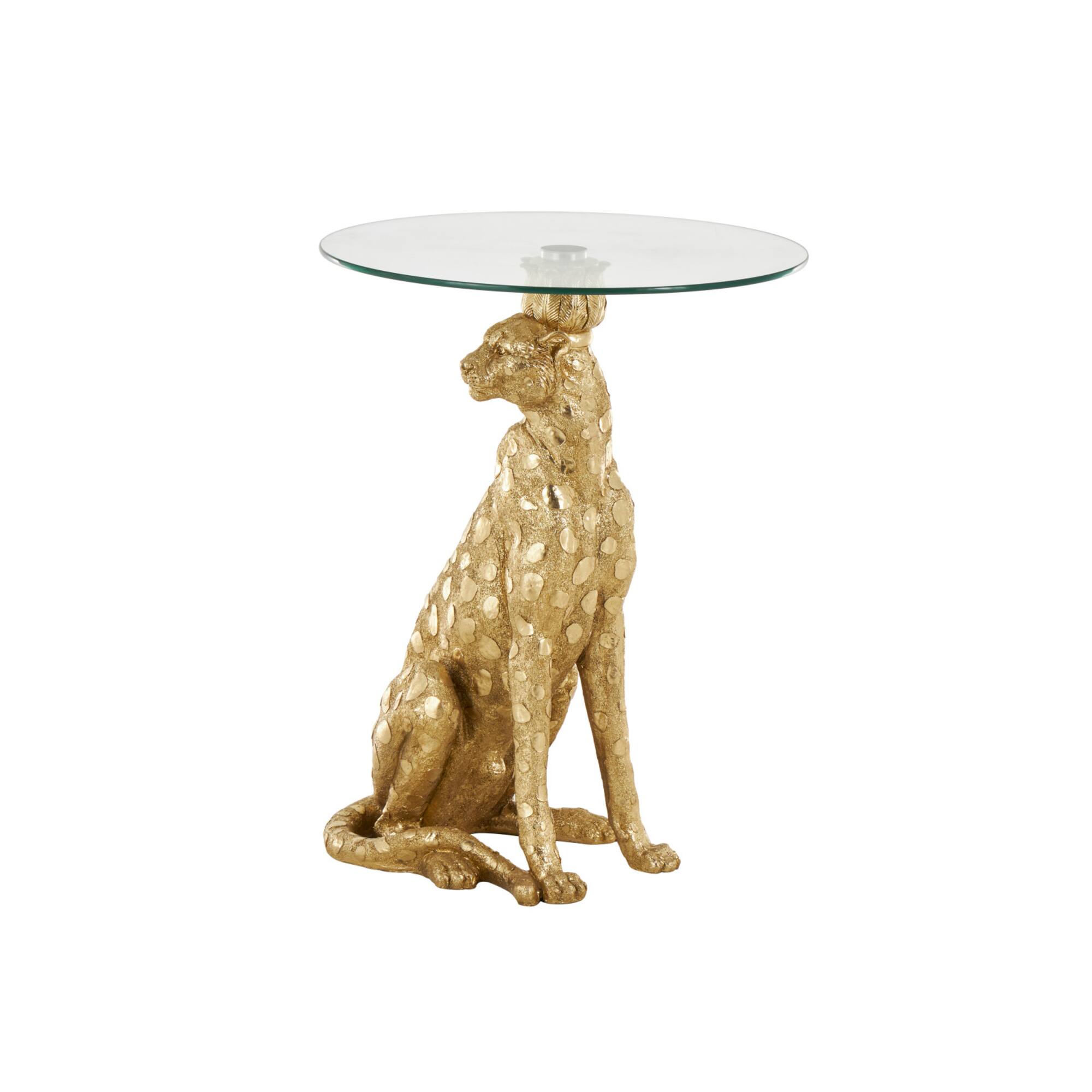 21" x 25" Gold Resin Leopard Sitting Metallic Accent Table with Round Glass Tabletop